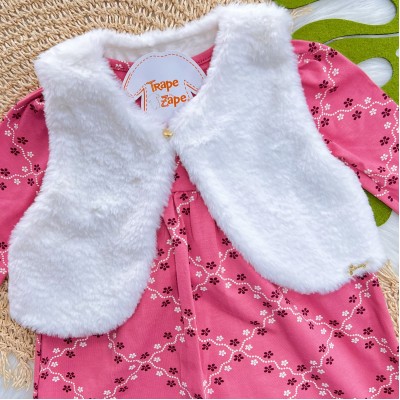 Vestido Manga Longa Mini Flores e Colete de Pelinho - Rose